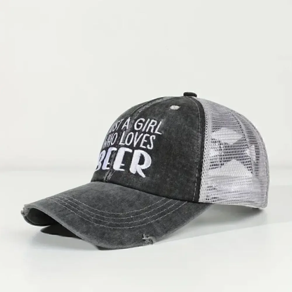 Trendy Baseball Cap Girl Who Loves Beer Washed Distressed Trucker Ball Game New